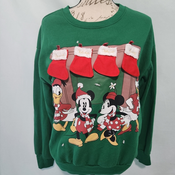 Disney Mickey, Minnie, Donald, & Daisy Green Holiday Sweater W Lights. Medium. - Picture 1 of 12